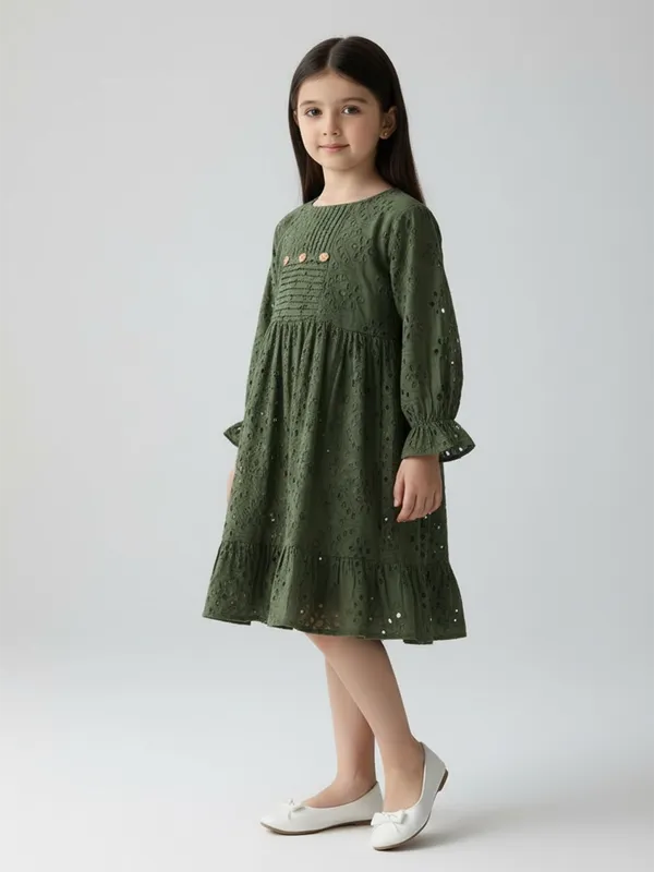 Bella_Moda_Schifli_Cutwork_Dress_With_Pleated_Yoke_And_Puff_3/4_Th_Sleeves
