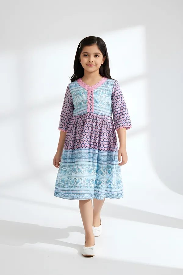Bella_Moda_Cotton_3/4_Th_Sleeves_Fit_And_Flare_Printed_Dress_Blue