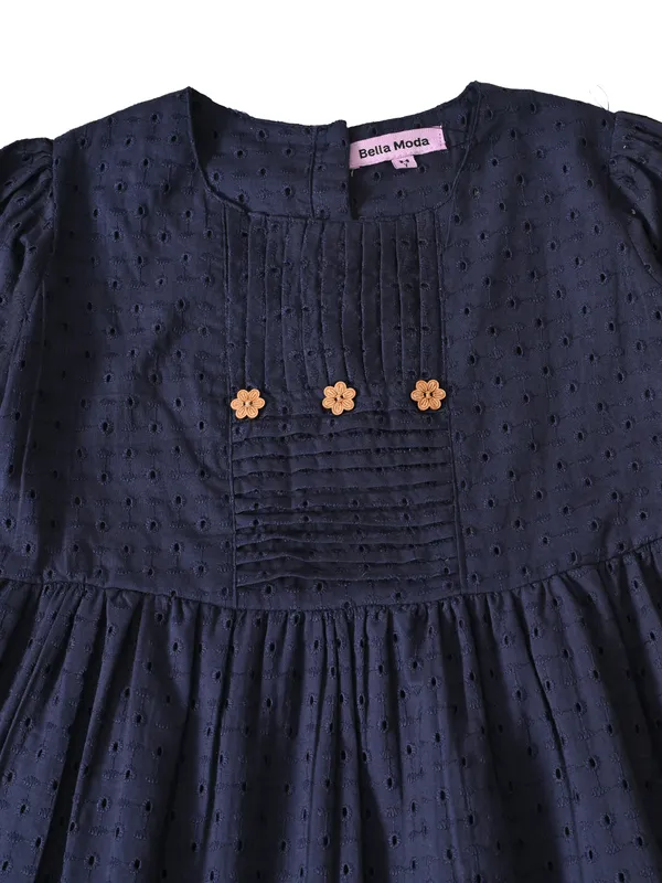 Bella_Moda_Schifli_Cutwork_Dress_With_Pleated_Yoke_And_Puff_3/4_Th_Sleeves