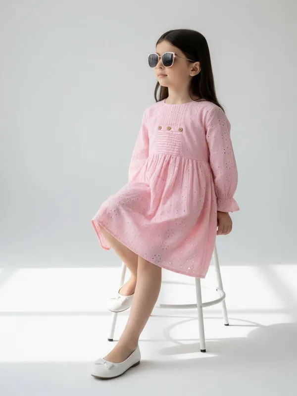 Bella_Moda_Schifli_Cutwork_Dress_With_Pleated_Yoke_And_Puff_3/4_Th_Sleeves