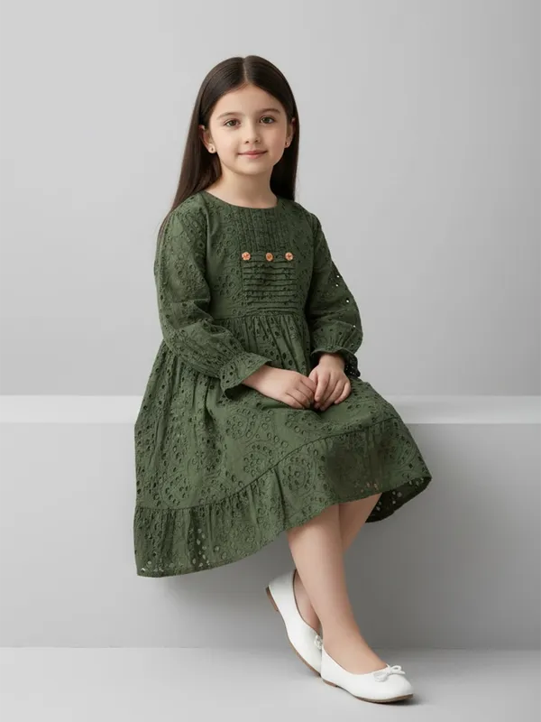 Bella_Moda_Schifli_Cutwork_Dress_With_Pleated_Yoke_And_Puff_3/4_Th_Sleeves