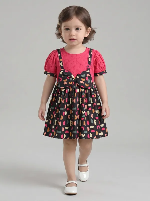 Baby_Girls_Printed_Cotton_Woven_Fit_And_Flare_Dress_With_Puff_Sleeves_And_Bow_Appilque_Dark_Pink
