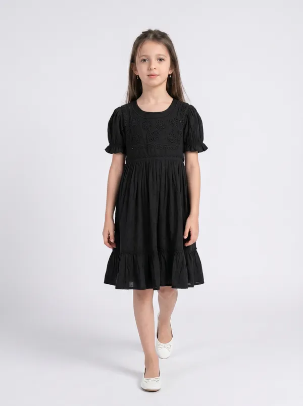 Girls_Cotton_Woven_Dress_With_Aari_Work_Embroidered_Yoke_And_Puff_Sleeves_Black