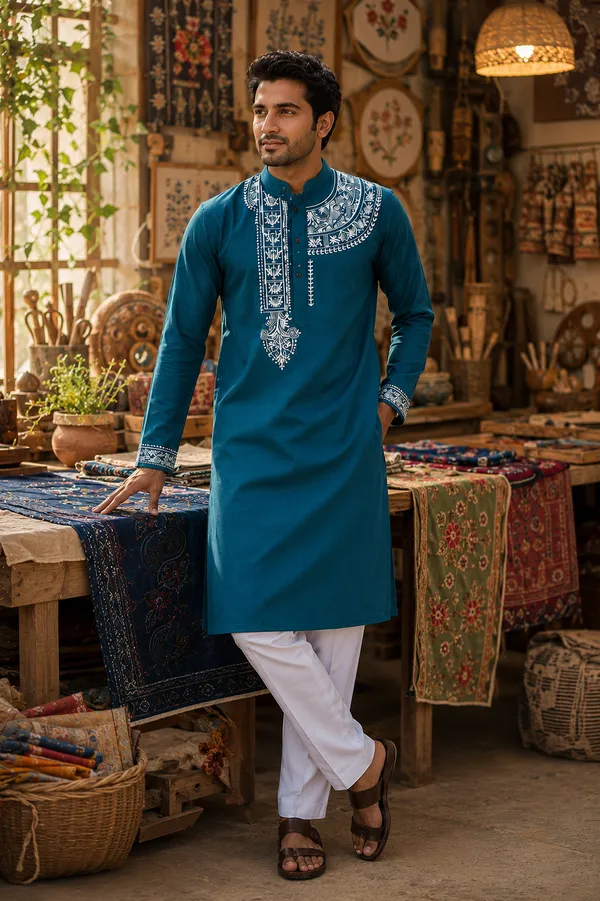 Blue_Pure_Cotton_Alpana_Print_Kurta_For_Men
