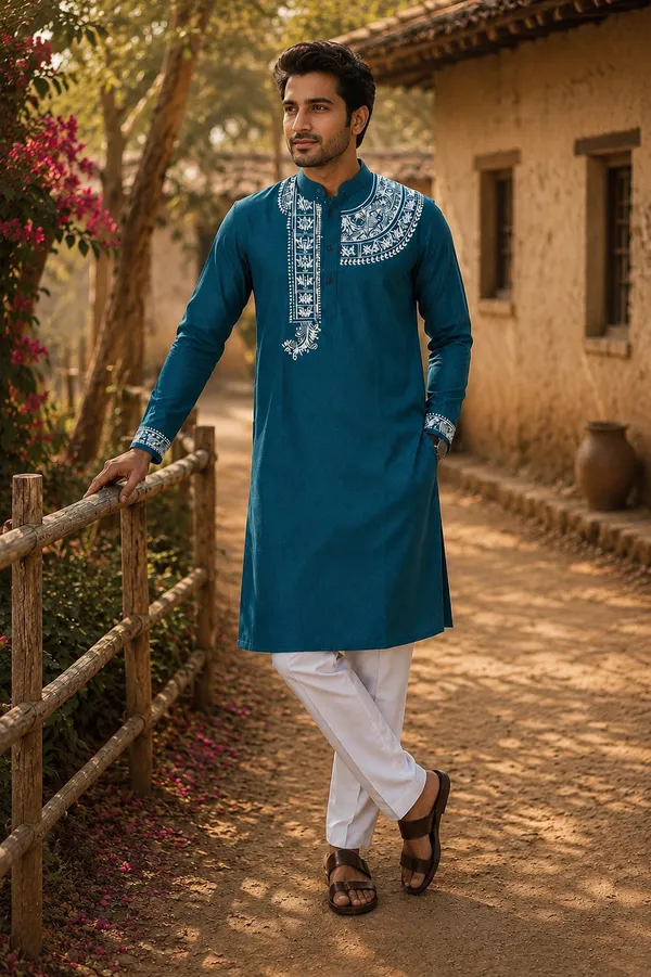 Blue_Pure_Cotton_Alpana_Print_Kurta_For_Men