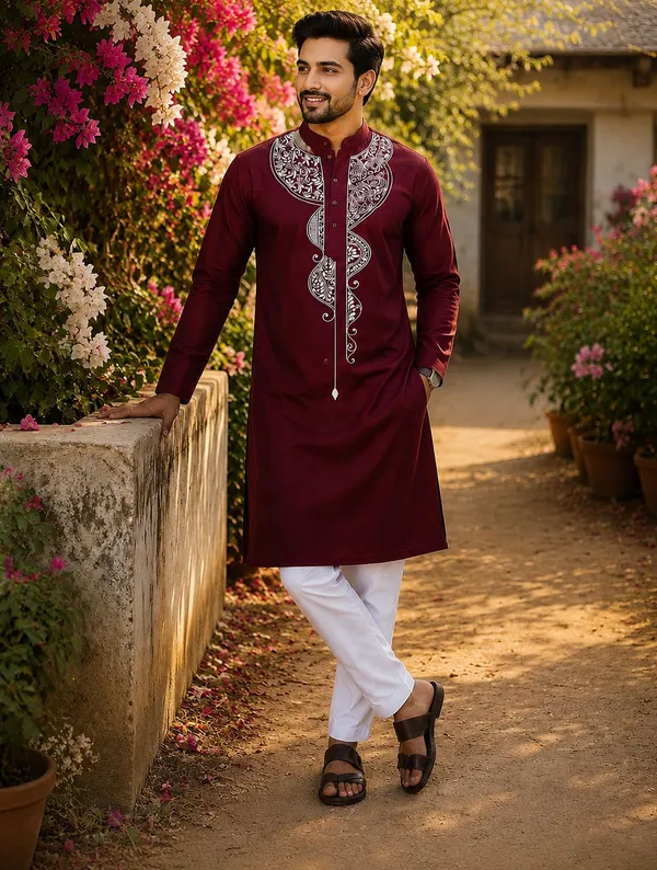 Brown_Pure_Cotton_Alpana_Print_Kurta_For_Men