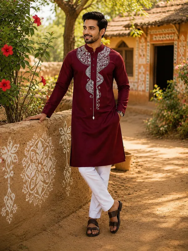 Brown_Pure_Cotton_Alpana_Print_Kurta_For_Men