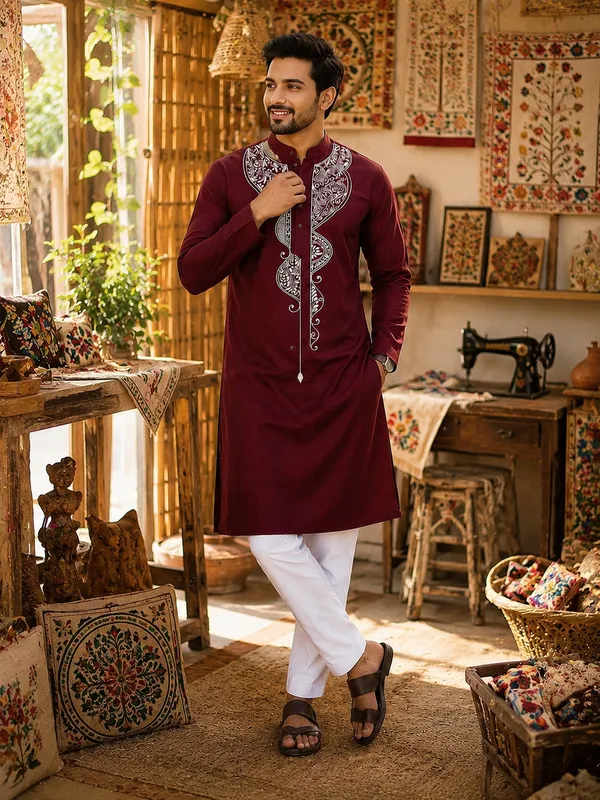 Brown_Pure_Cotton_Alpana_Print_Kurta_For_Men