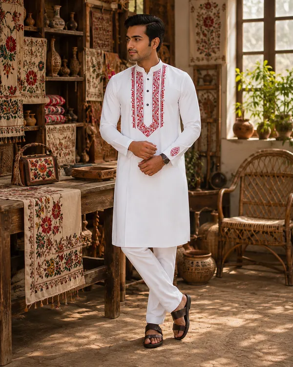 White_Pure_Cotton_Festive_Kurta_For_Men