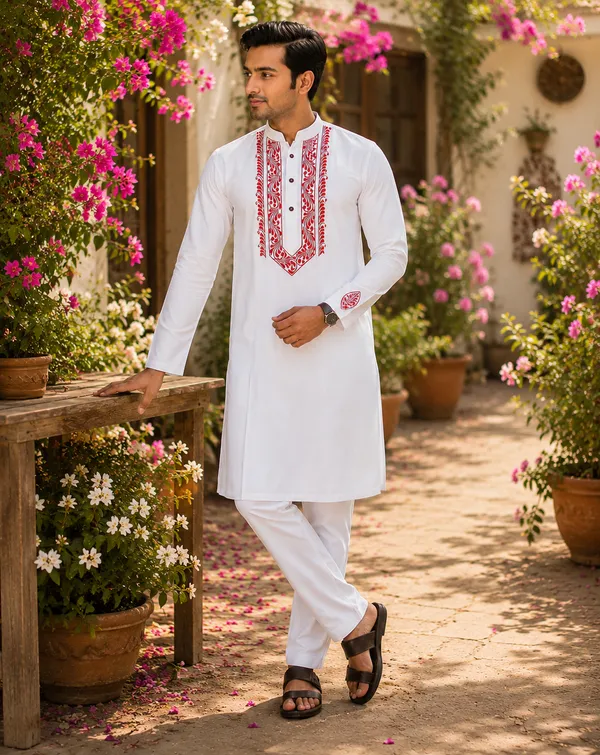 White_Pure_Cotton_Festive_Kurta_For_Men