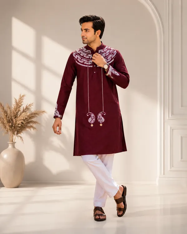 Maroon_Pure_Cotton_Festive_Kurta_For_Men