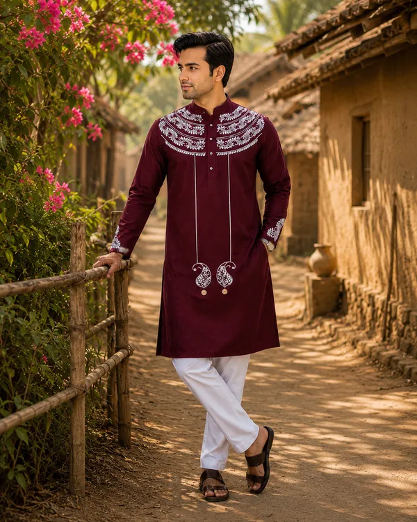 Maroon_Pure_Cotton_Festive_Kurta_For_Men