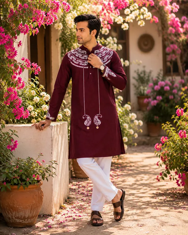 Maroon_Pure_Cotton_Festive_Kurta_For_Men