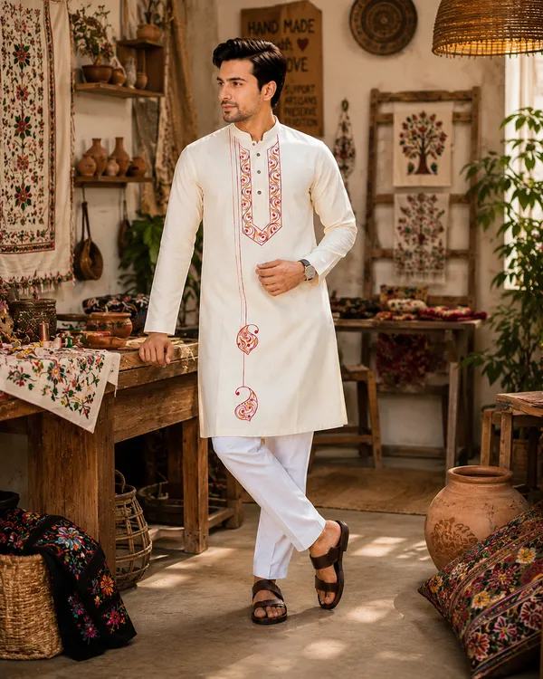White_Pure_Cotton_Festive_Kurta_For_Men