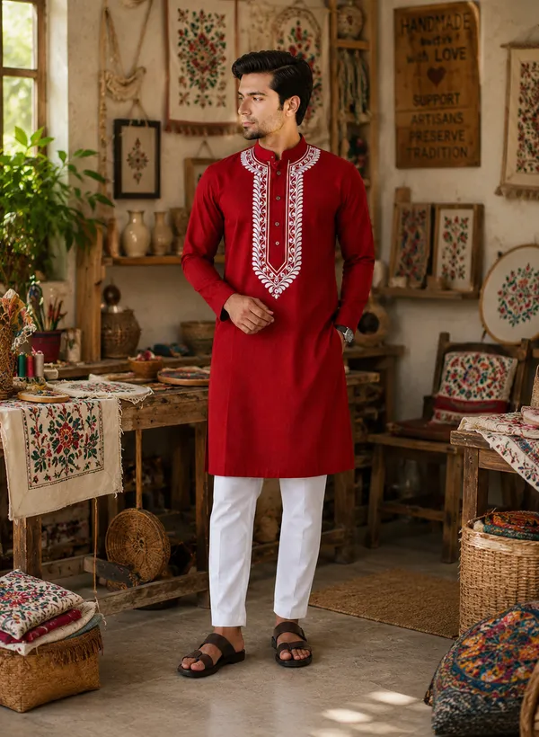 Maroon_Pure_Cotton_Festive_Kurta_For_Men