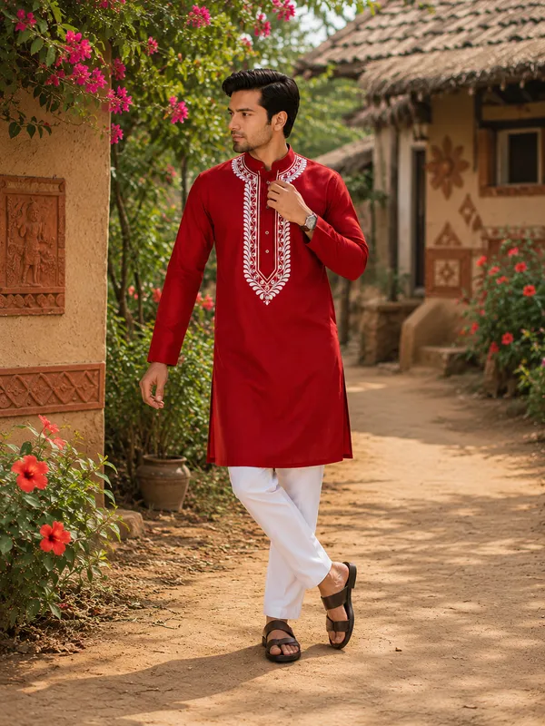 Maroon_Pure_Cotton_Festive_Kurta_For_Men