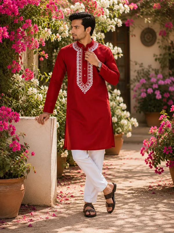 Maroon_Pure_Cotton_Festive_Kurta_For_Men