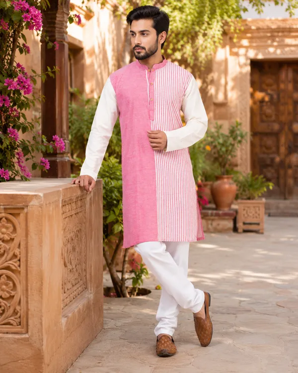 White_Red_Pure_Cotton_Kurta_For_Men