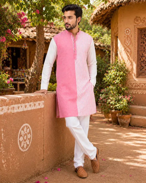 White_Red_Pure_Cotton_Kurta_For_Men
