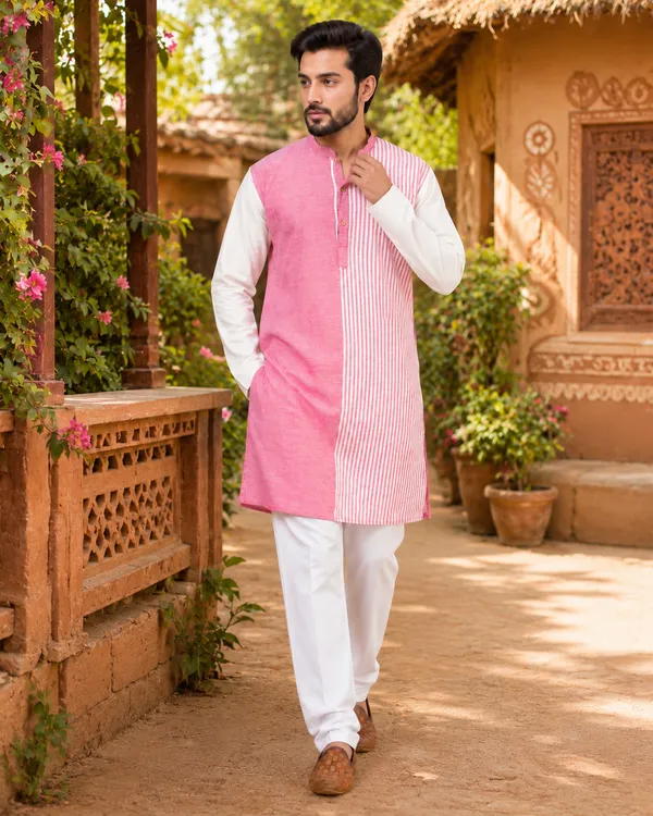 White_Red_Pure_Cotton_Kurta_For_Men