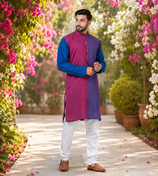 Blue_Maroon_Pure_Cotton_Kurta_For_Men