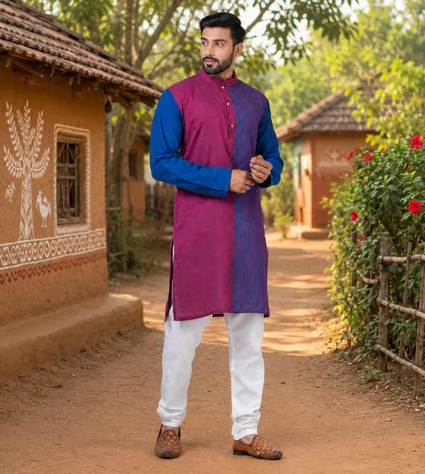 Blue_Maroon_Pure_Cotton_Kurta_For_Men