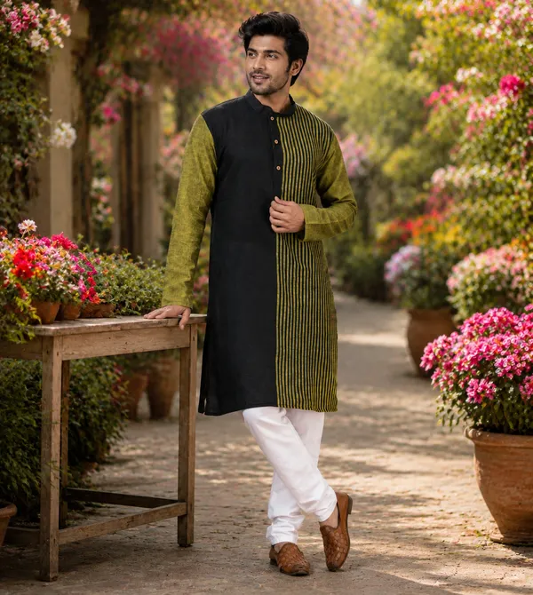 Black_Green_Pure_Cotton_Kurta_For_Men