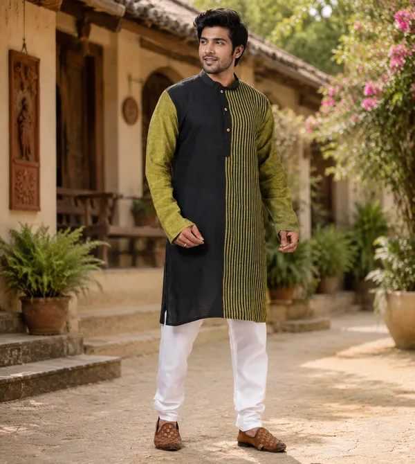 Black_Green_Pure_Cotton_Kurta_For_Men