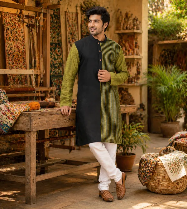 Black_Green_Pure_Cotton_Kurta_For_Men
