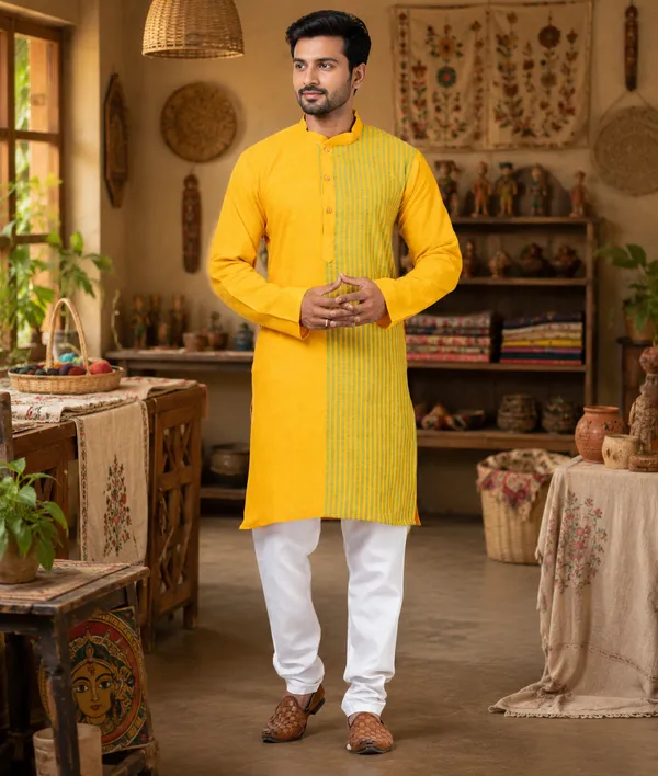 Yellow_Pure_Cotton_Kurta_For_Men