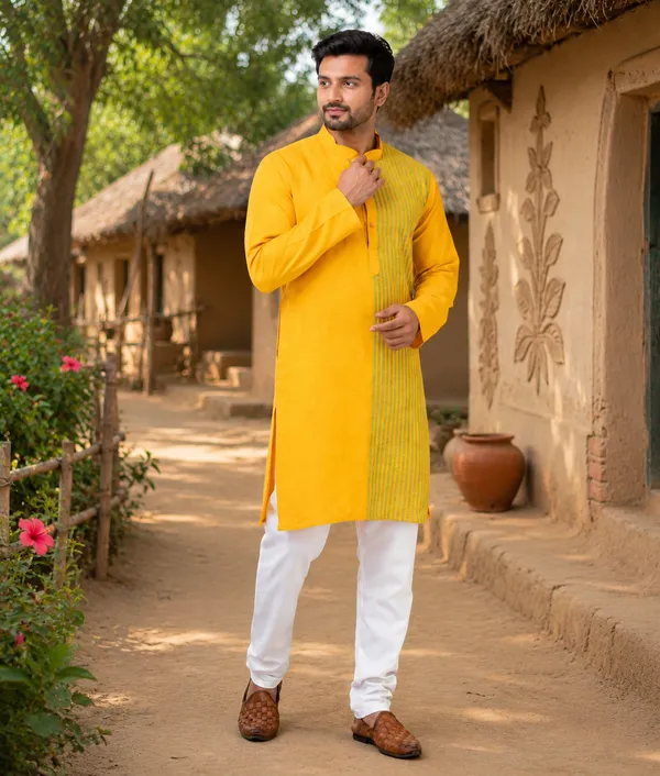 Yellow_Pure_Cotton_Kurta_For_Men