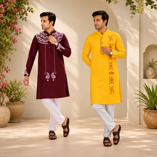 Maroon_And_Yellow_Pure_Cotton_Festive_Kurta_For_Men_Pack_of_2