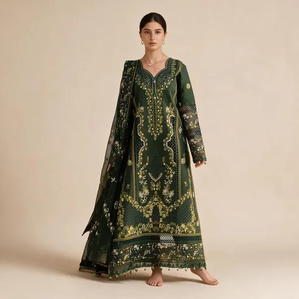 Dark_Green_Organza_Suit_For_Women