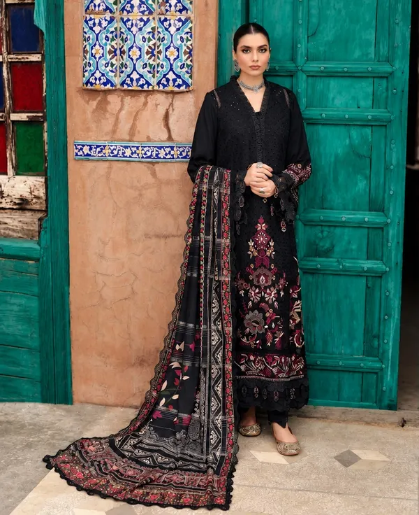 Nureh_Maya_Linen_Black_Embroidered_Linen_Jacquard_Suit_with_Printed_Woolen_Shawl_unstitched