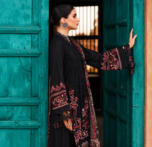 Nureh_Maya_Linen_Black_Embroidered_Linen_Jacquard_Suit_with_Printed_Woolen_Shawl_unstitched
