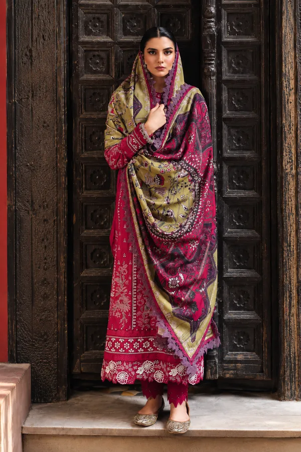 Nureh_Maya_Linen–_Magenta_&_Olive_Embroidered_Linen_Jacquard_Shirt_with_Printed_Woolen_Shawl