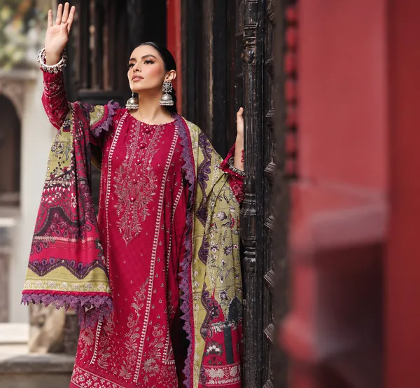 Nureh_Maya_Linen–_Magenta_&_Olive_Embroidered_Linen_Jacquard_Shirt_with_Printed_Woolen_Shawl