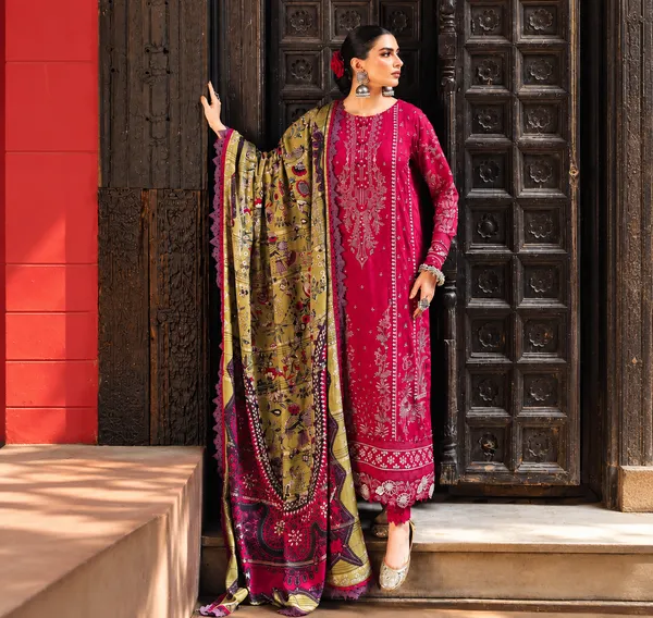Nureh_Maya_Linen–_Magenta_&_Olive_Embroidered_Linen_Jacquard_Shirt_with_Printed_Woolen_Shawl