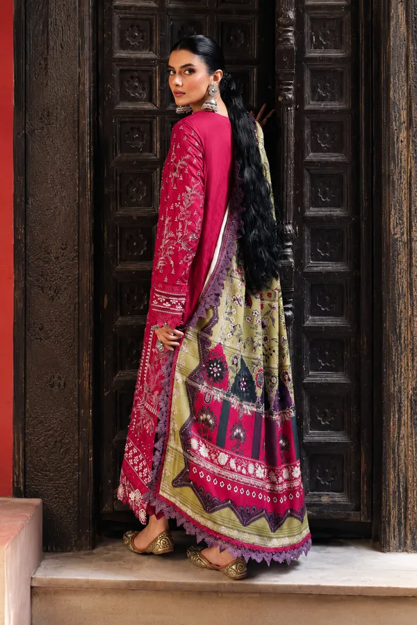 Nureh_Maya_Linen–_Magenta_&_Olive_Embroidered_Linen_Jacquard_Shirt_with_Printed_Woolen_Shawl