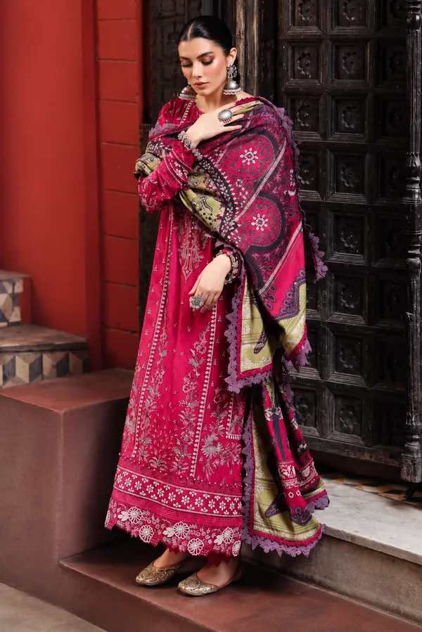 Nureh_Maya_Linen–_Magenta_&_Olive_Embroidered_Linen_Jacquard_Shirt_with_Printed_Woolen_Shawl