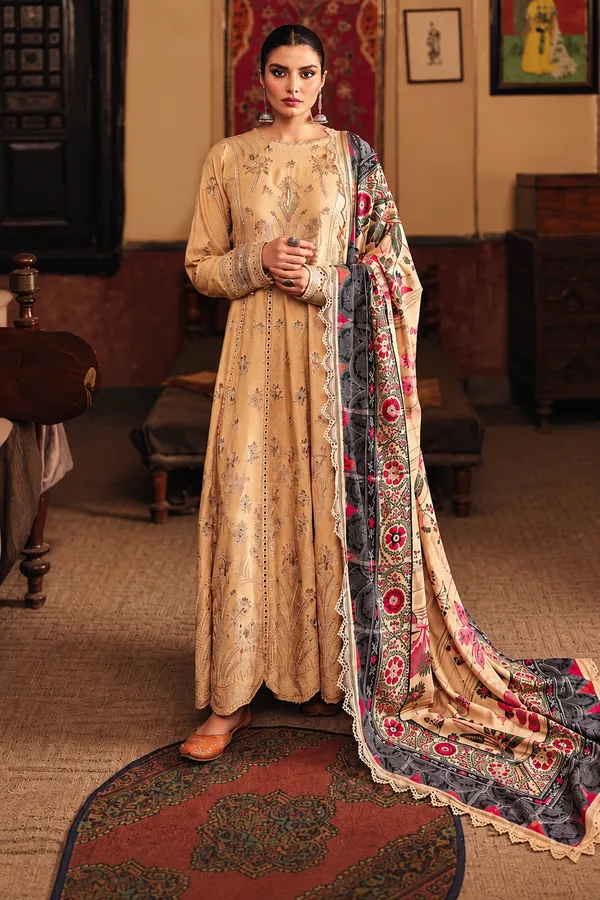 Nureh_Maya_Linen_–_Beige_Gold_Embroidered_Linen_Jacquard_Suit_with_Printed_Woolen_Shawl