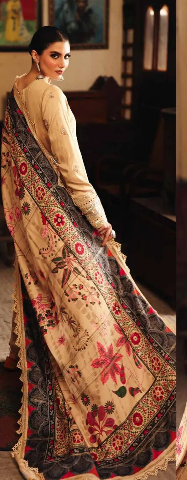 Nureh_Maya_Linen_–_Beige_Gold_Embroidered_Linen_Jacquard_Suit_with_Printed_Woolen_Shawl