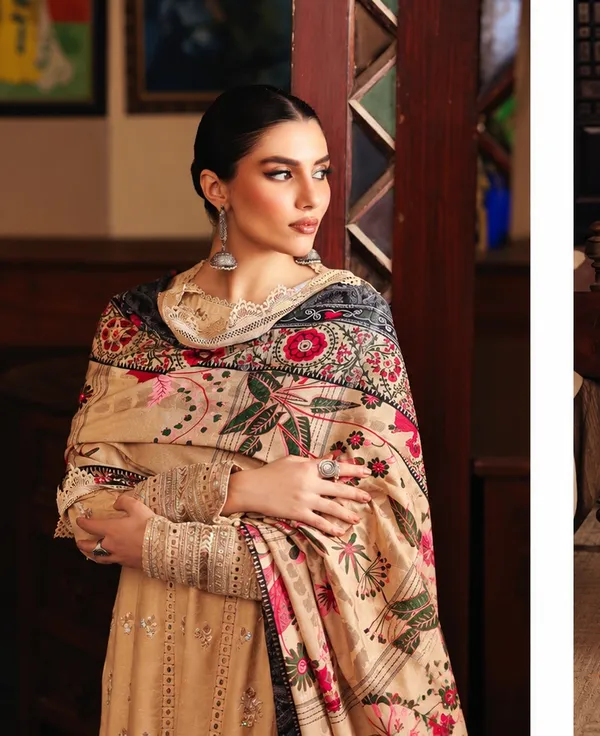 Nureh_Maya_Linen_–_Beige_Gold_Embroidered_Linen_Jacquard_Suit_with_Printed_Woolen_Shawl