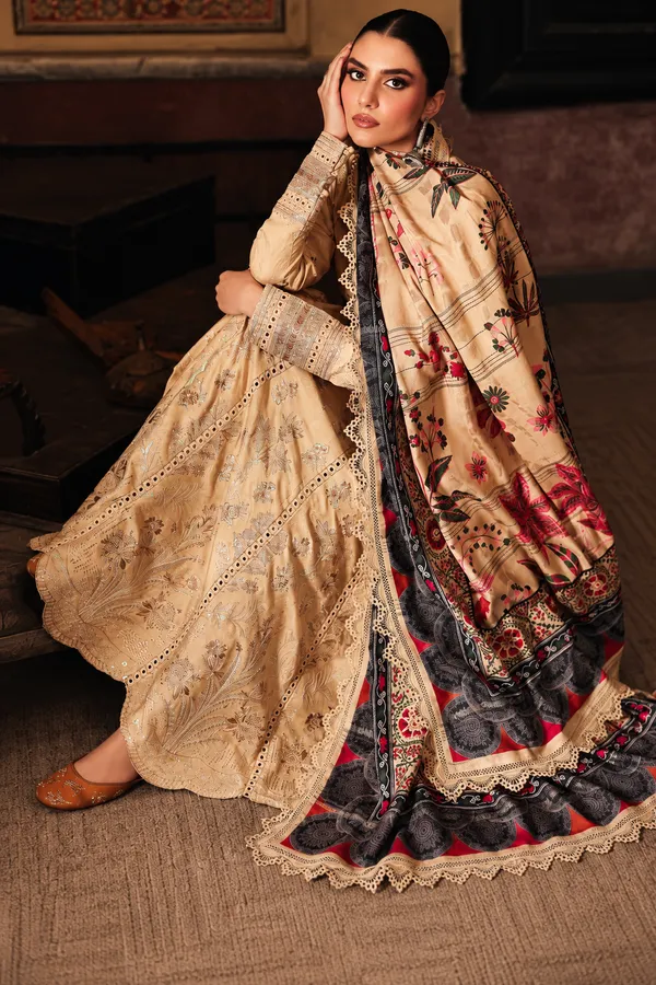 Nureh_Maya_Linen_–_Beige_Gold_Embroidered_Linen_Jacquard_Suit_with_Printed_Woolen_Shawl