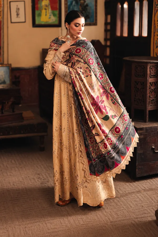 Nureh_Maya_Linen_–_Beige_Gold_Embroidered_Linen_Jacquard_Suit_with_Printed_Woolen_Shawl