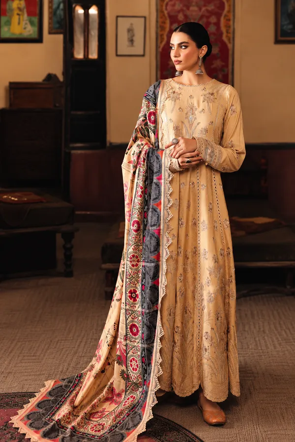 Nureh_Maya_Linen_–_Beige_Gold_Embroidered_Linen_Jacquard_Suit_with_Printed_Woolen_Shawl