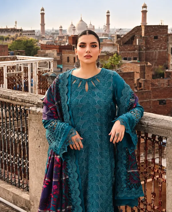Nureh_Maya_Linen_–_Teal_Embroidered_Linen_Jacquard_Suit_with_Printed_Woolen_Shawl_Unstitched