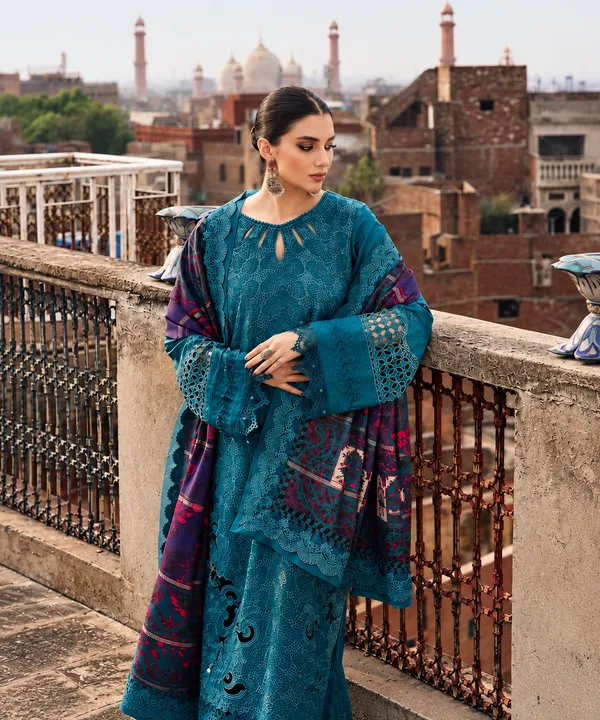 Nureh_Maya_Linen_–_Teal_Embroidered_Linen_Jacquard_Suit_with_Printed_Woolen_Shawl_Unstitched