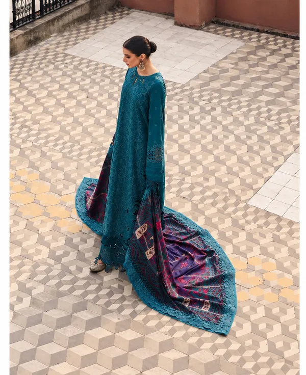 Nureh_Maya_Linen_–_Teal_Embroidered_Linen_Jacquard_Suit_with_Printed_Woolen_Shawl_Unstitched