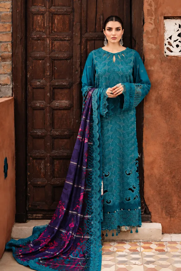 Nureh_Maya_Linen_–_Teal_Embroidered_Linen_Jacquard_Suit_with_Printed_Woolen_Shawl_Unstitched